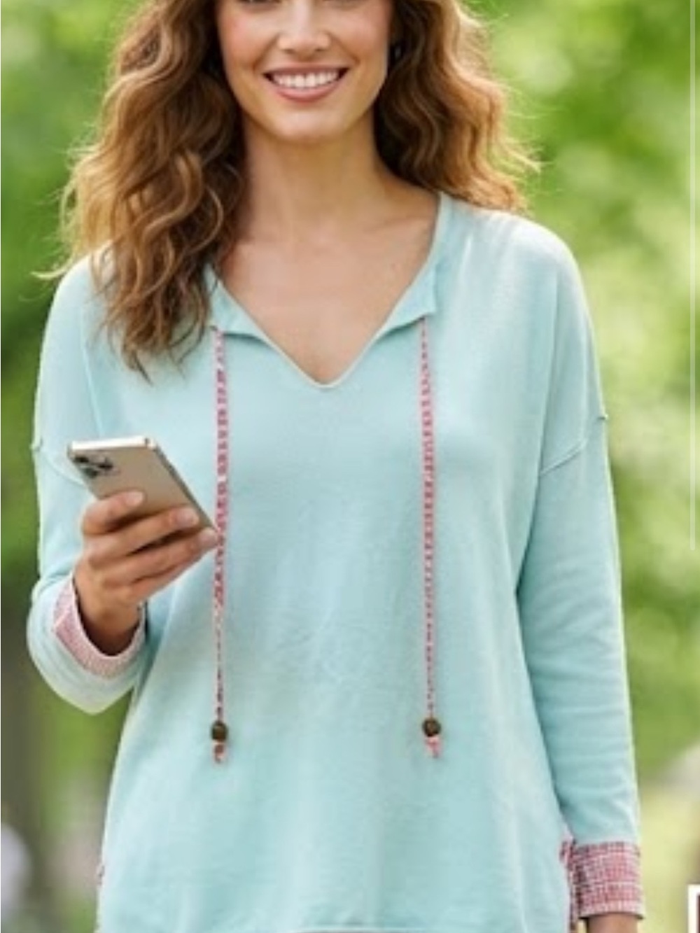Zaket & Plovet Oversized V-Neck Pullover Sweater in Light Aqua with Drawstring